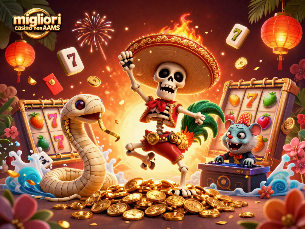 Illustrazione 3D di migliori casinò non AAMS con un gallo mariachì che danza su monete d'oro, simboli di slot e decorazioni festive.