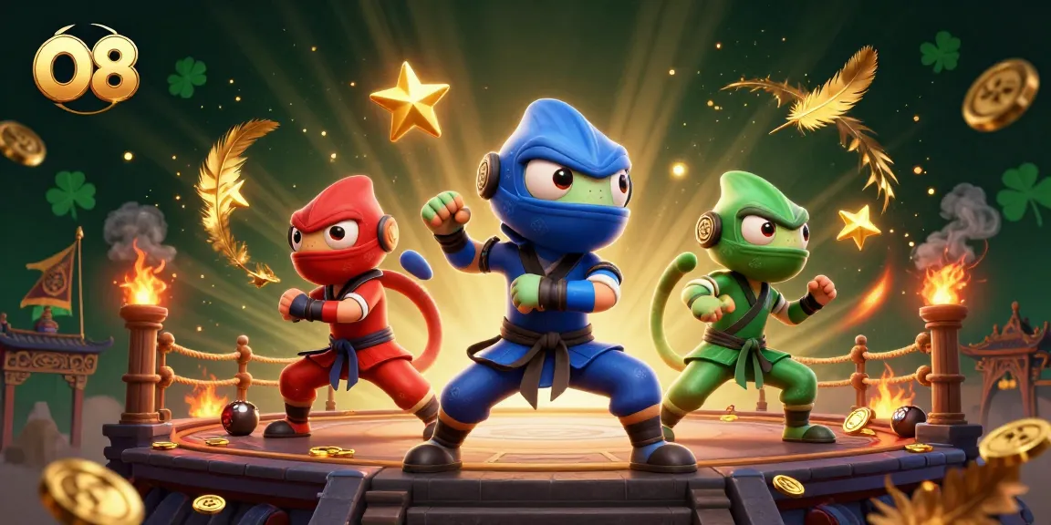 O8 captures the thrill of gaming with a dynamic trio of ninja chameleons in action, showcasing an exciting atmosphere of betting.