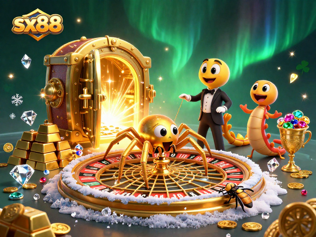 Experience thrilling bets in the sx88 casino with a lively golden spider and croupier scene.