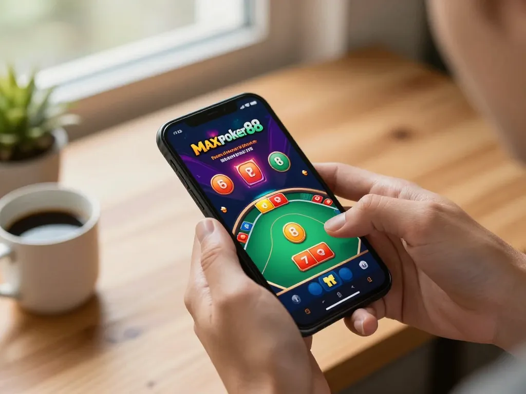 Engaging gameplay on maxpoker88 app showcasing poker action, vibrant smartphone screen in a cozy setting.