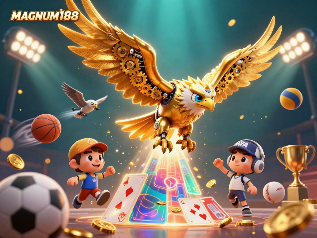 Experience the excitement of MAGNUM188 with stunning visuals of a cybernetic eagle amidst dynamic casino elements.
