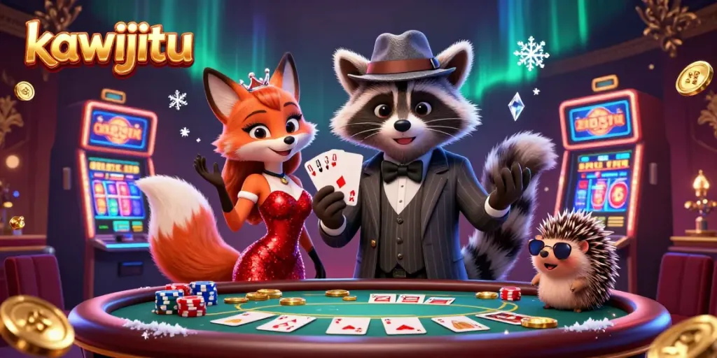 Kawijitu poker scene showcasing a charming raccoon, fox, and hedgehog in a vibrant casino atmosphere.