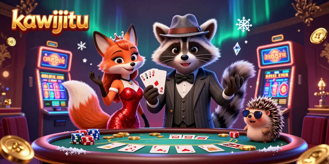 Kawijitu poker scene showcasing a charming raccoon, fox, and hedgehog in a vibrant casino atmosphere.