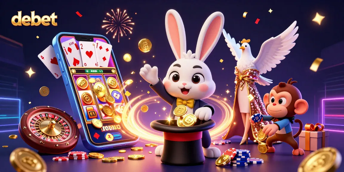 Experience the magic of debet as a magician rabbit reveals golden coins amidst a vibrant casino scene.