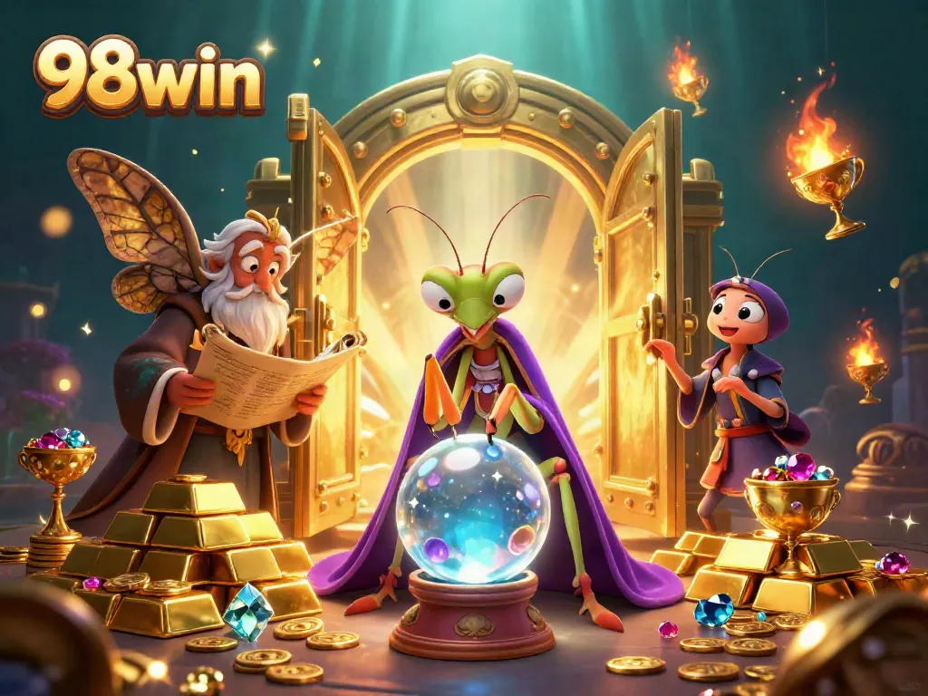 Experience the vibrant adventures of 98win with magical characters and treasure in a dynamic casino scene.