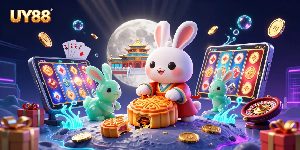 Spin your way to victory with UY88 in a vibrant, engaging moonlit casino scene.