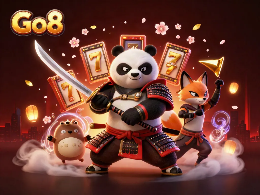 Engage with Go8, featuring a samurai panda and ninja fox in an exciting casino scene with slot reels.