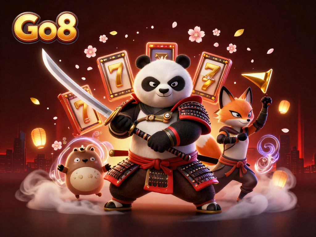 Engage with Go8, featuring a samurai panda and ninja fox in an exciting casino scene with slot reels.