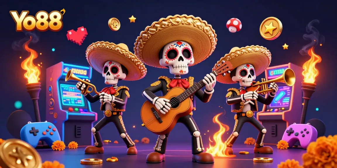 Experience the excitement of Yo88 with a vibrant illustration of a mariachi band amidst colorful gaming elements.