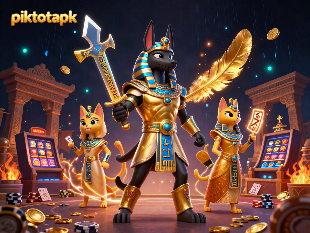 Experience the thrill of piktotoapk with Anubis and Bastet amidst vivid casino elements.