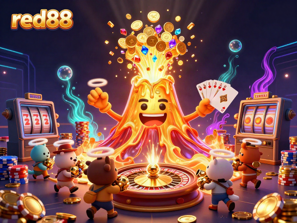 Engage with red88 thrilling jackpot games amidst a golden volcano eruption and treasure-hunting animals.