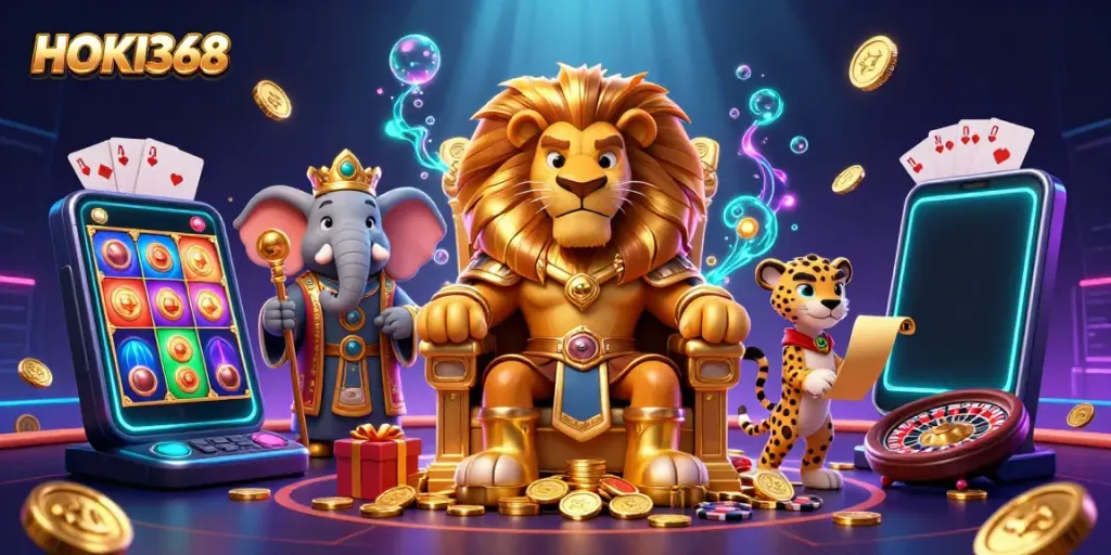Experience HOKI368’s exhilarating gaming with a lion king on a throne of coins, flanked by a wise elephant and a swift cheetah.