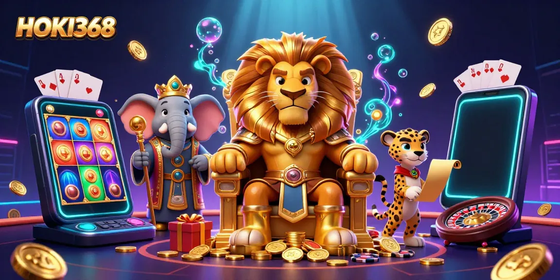 Experience HOKI368’s exhilarating gaming with a lion king on a throne of coins, flanked by a wise elephant and a swift cheetah.