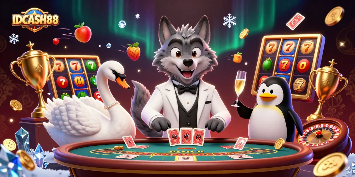 Spin the reels with IDCASH88 featuring a debonair wolf, a swan dealer, and a penguin sommelier.