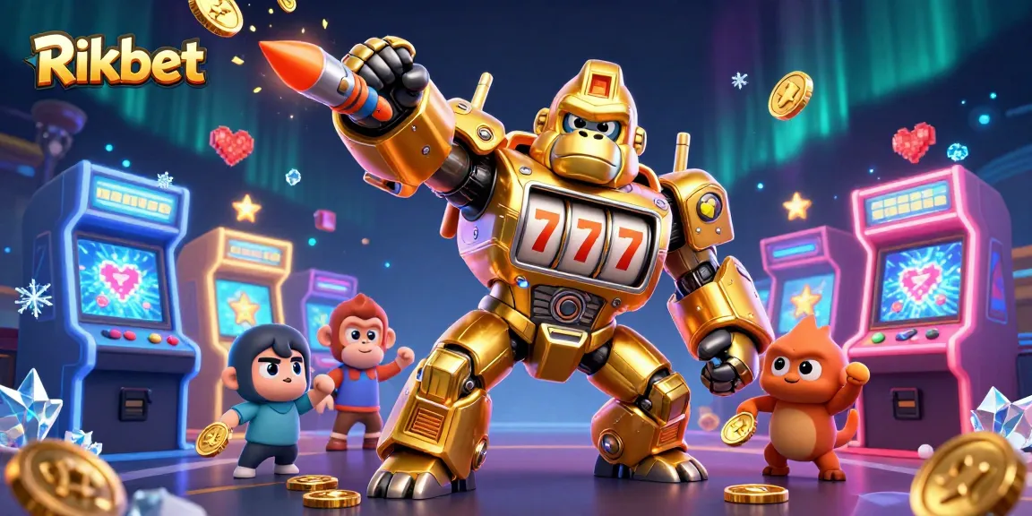 Rikbet offers a thrilling 3D gaming experience featuring a golden gorilla mech amidst dynamic arcade elements.