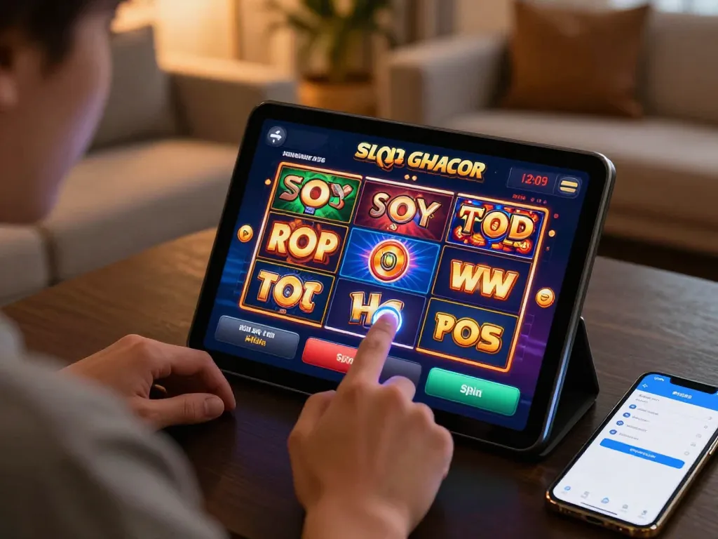 Experience Slot Gacor excitement as the player engages with vibrant online slot machines at home.