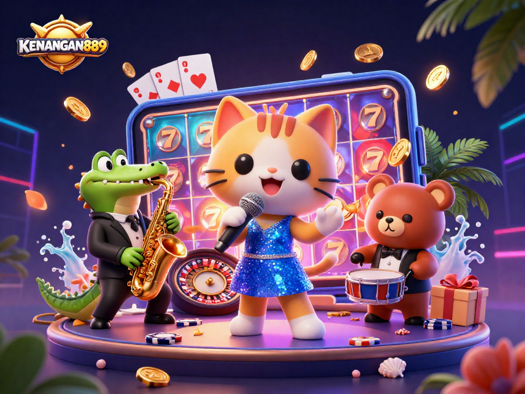 KENANGAN889 showcases a vibrant casino scene with a jazz-singer cat and gaming elements.