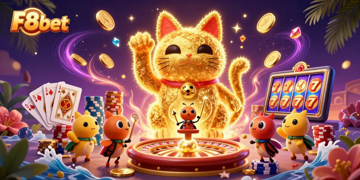 Experience exciting casino fun with F8bet's vibrant lucky cat illustration amid coins and game symbols.