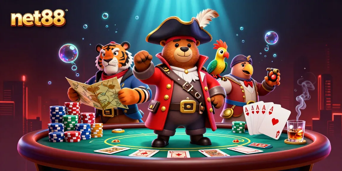 Engage with net88's vibrant 3D casino scene featuring a pirate bear, tiger, and parrot.