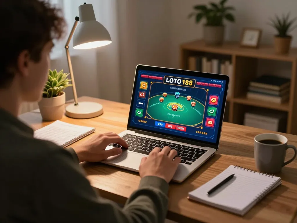 LOTO188 gameplay shown on a laptop screen in a cozy home setting, highlighting strategic betting.