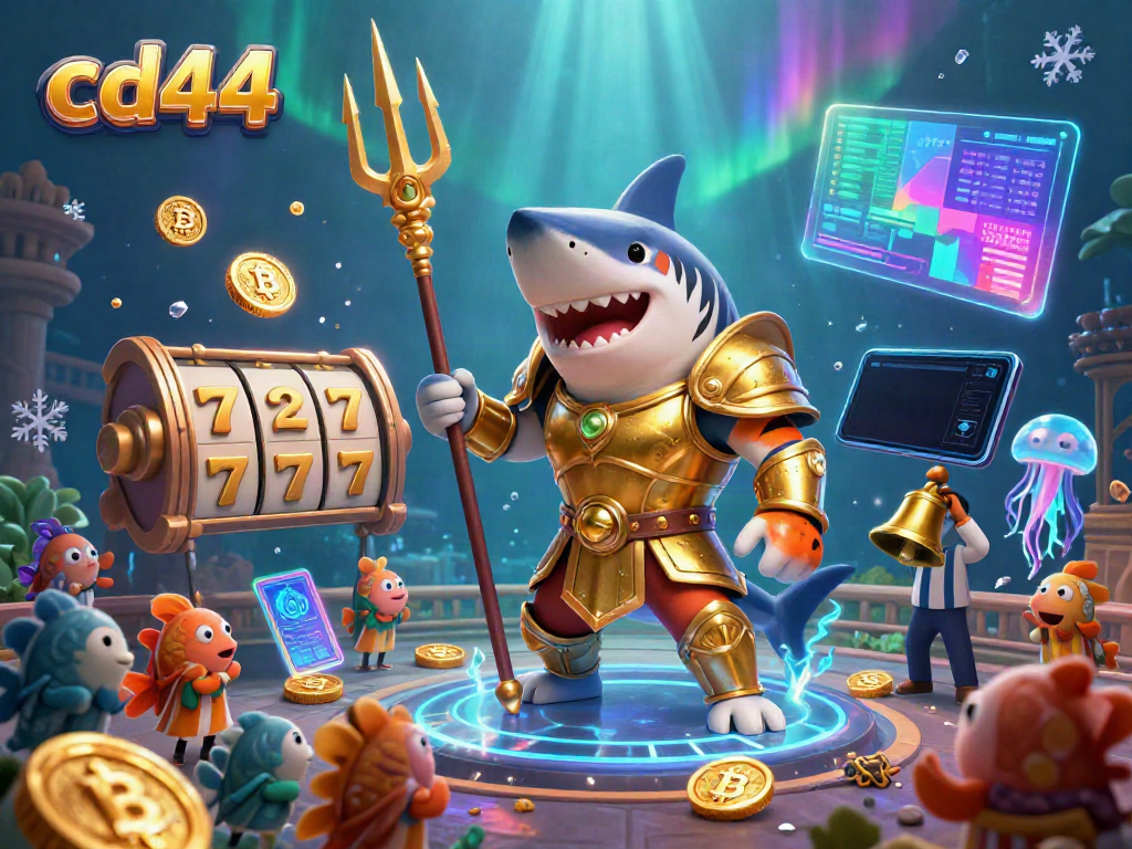 Experience thrilling gameplay in the underwater colosseum with cd44 featuring a tiger shark and Bitcoin elements.