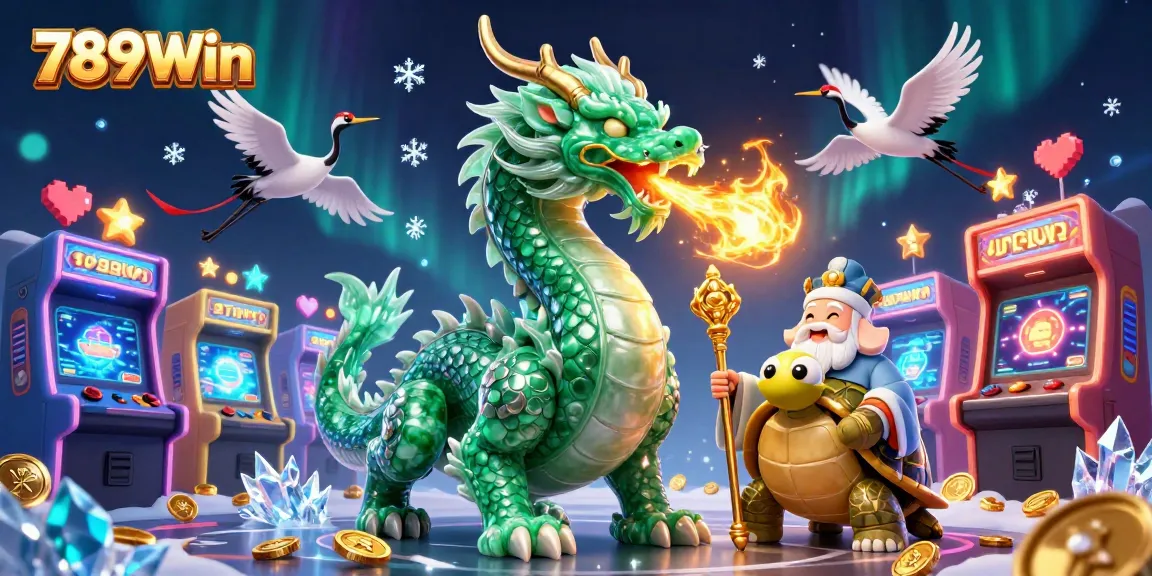 Engage with 789Win's thrilling casino universe, featuring a jade dragon, turtle sage, and flying cranes in a vibrant, dynamic scene.
