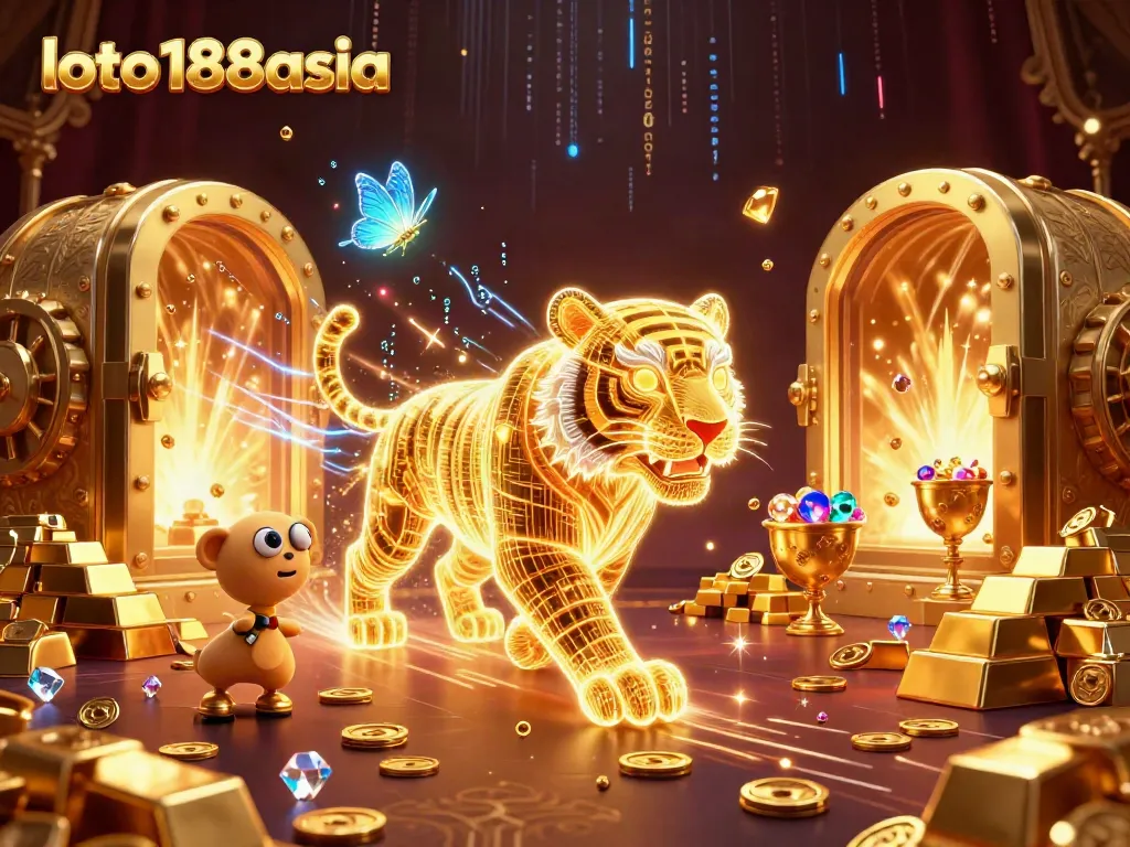 Experience the vibrant energy of loto188asia with gold treasures and a neon tiger in a digital landscape.