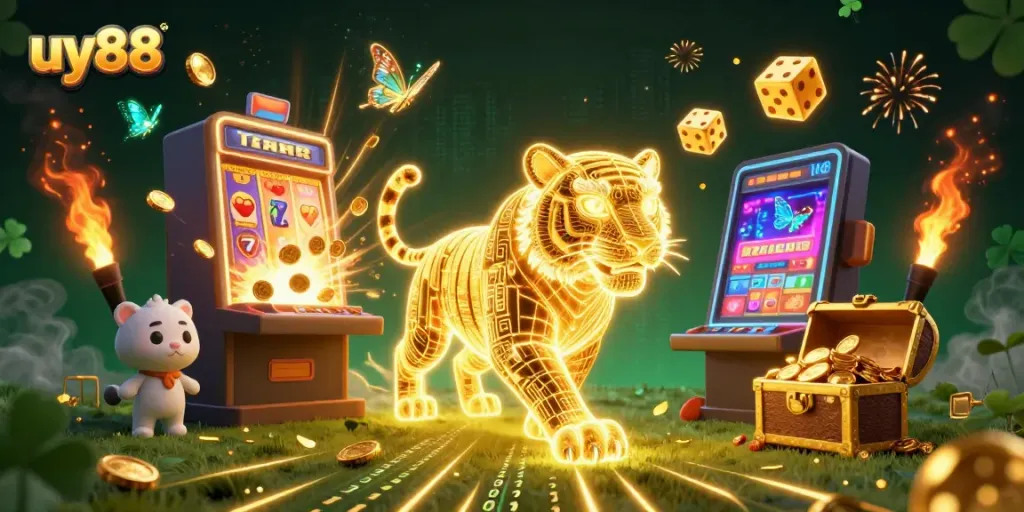Win big with uy88 in an energetic virtual casino scene featuring golden tiger and dynamic game elements.