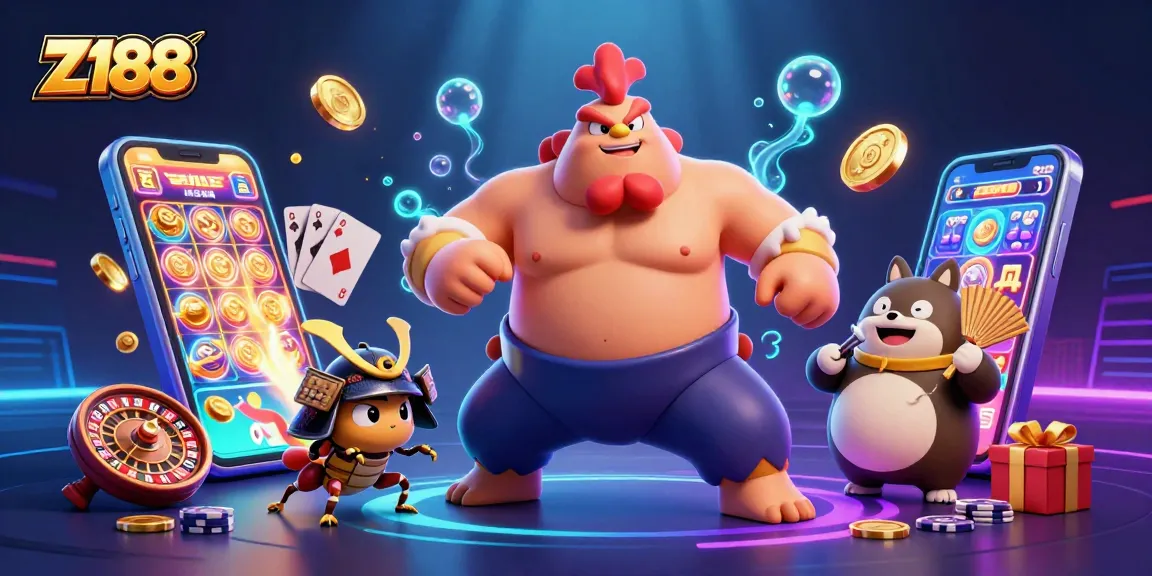 Z188 players enjoy thrilling games with 3D characters amidst a vibrant casino world.