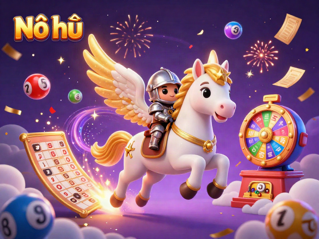 Nổ hũ players celebrating a jackpot win, surrounded by colorful lottery balls and prizes in a lively casino atmosphere.