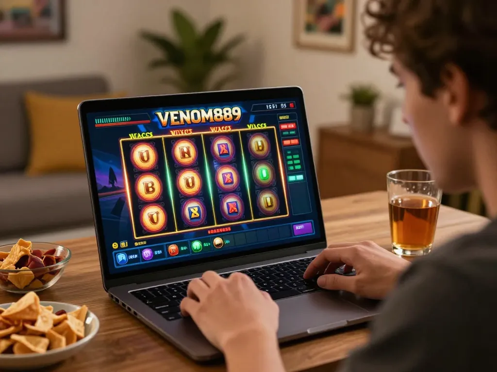 Engaging gameplay on the VENOM889 Slot with vibrant visuals and a focused player at home