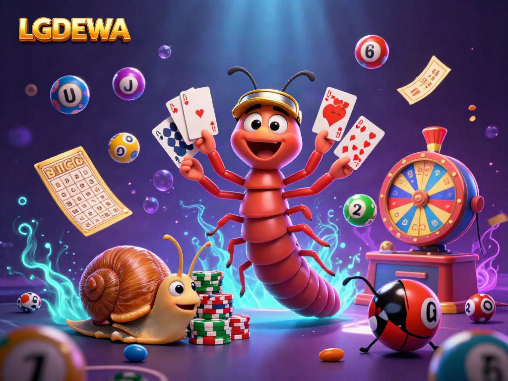 Experience the thrill of LGODEWA with a dynamic 3D cartoon casino scene featuring a cartoon millipede dealer and vibrant game elements.