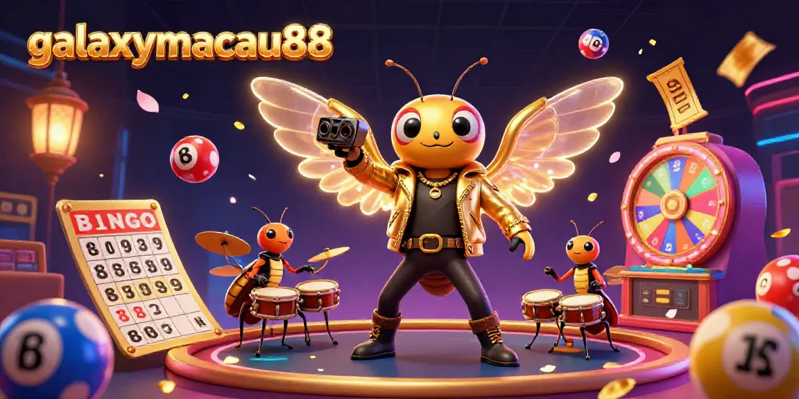 Experience the thrill of winning with galaxymacau88 in this vibrant casino scene featuring a 3D cartoon rock star and dynamic lottery elements.