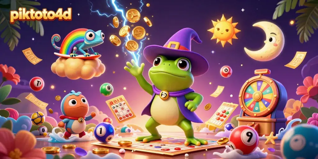 Experience piktoto4d excitement with a whimsical storm of coins and dynamic gambling elements in a vibrant scene.