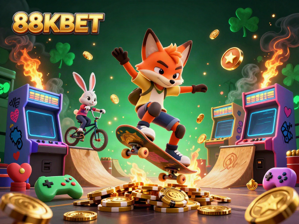 Experience thrilling gaming action with 88KBET; vibrant characters amidst casino elements.