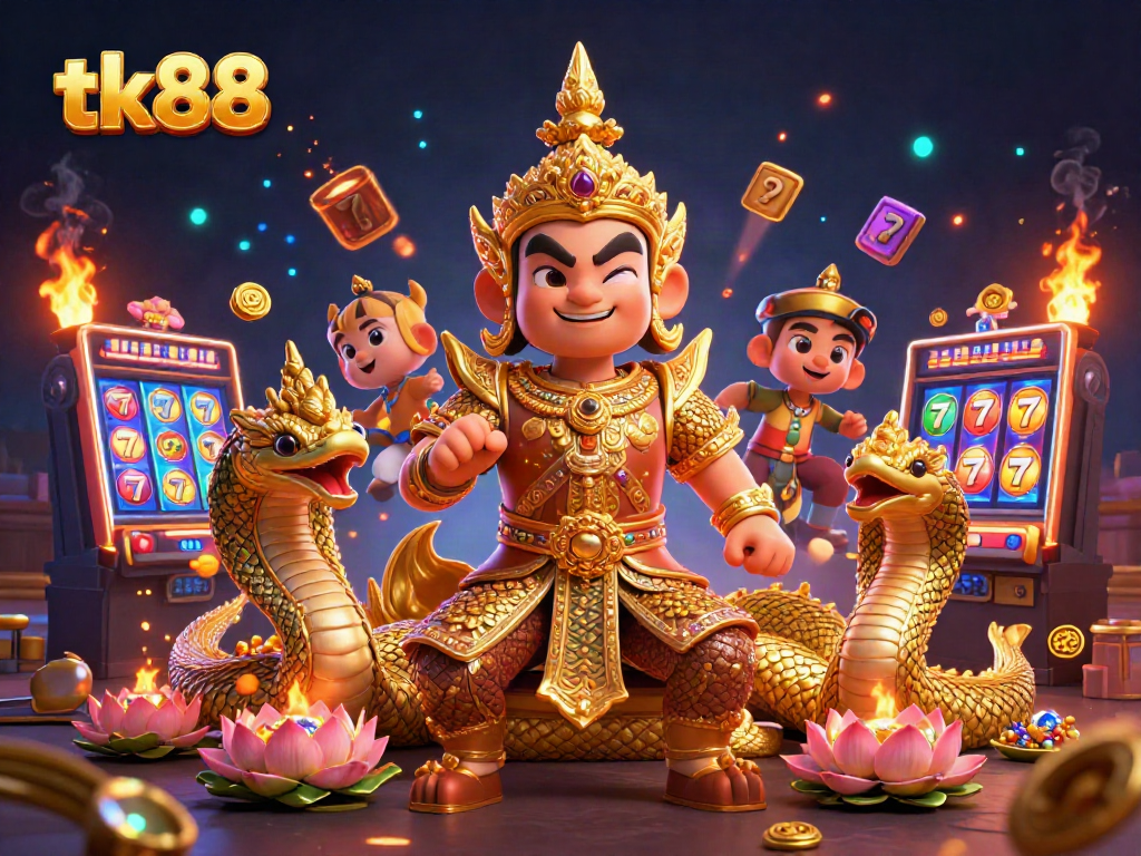 Engage with tk88 in an enchanting casino scene featuring colorful slot machines and mythical guardians.
