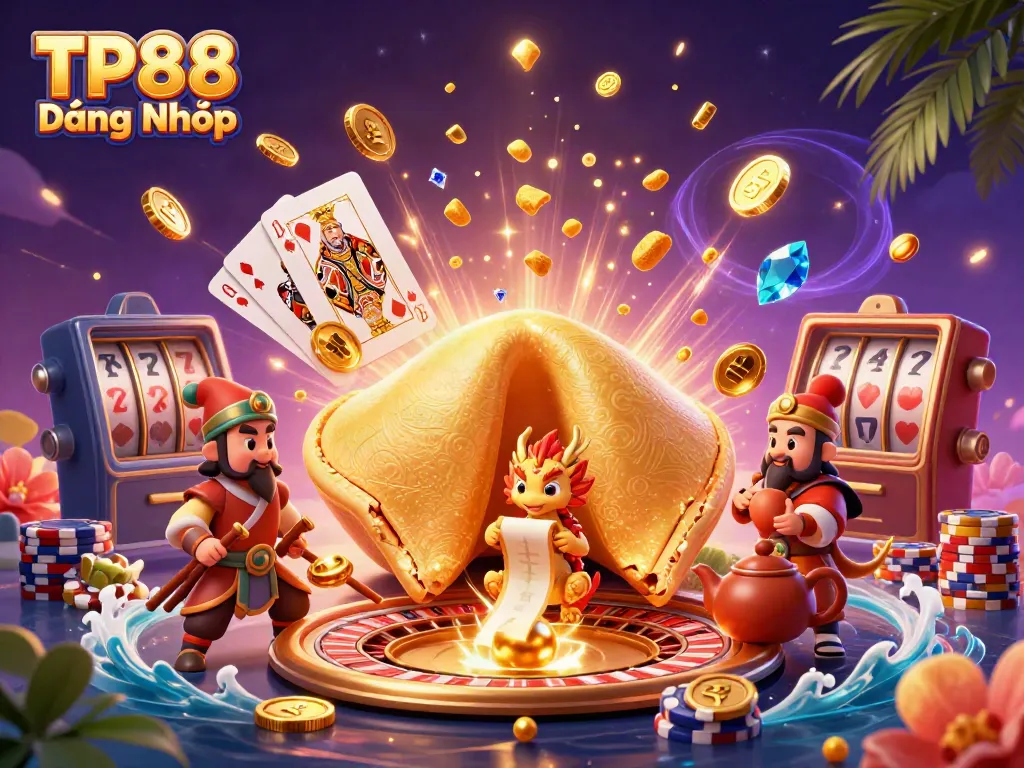 Play online with TP88 Đăng Nhập at a vibrant casino scene featuring golden characters and dynamic game elements.