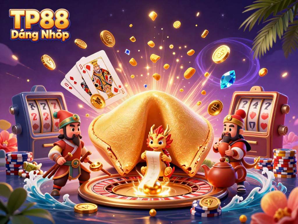 Play online with TP88 Đăng Nhập at a vibrant casino scene featuring golden characters and dynamic game elements.