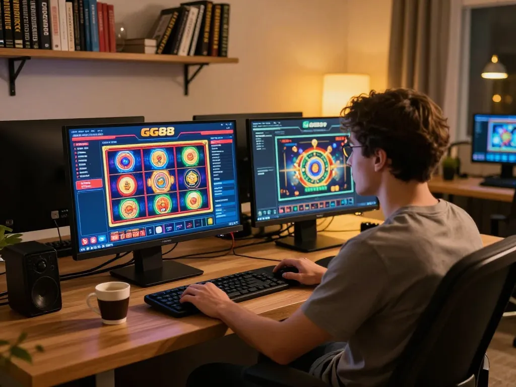 Person engaging with GG88 online casino slot games in a modern home gaming setup.