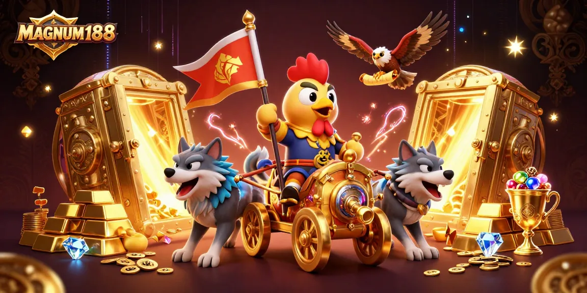 Experience thrilling wins at MAGNUM188, featuring a cartoon rooster warlord and treasure galore!