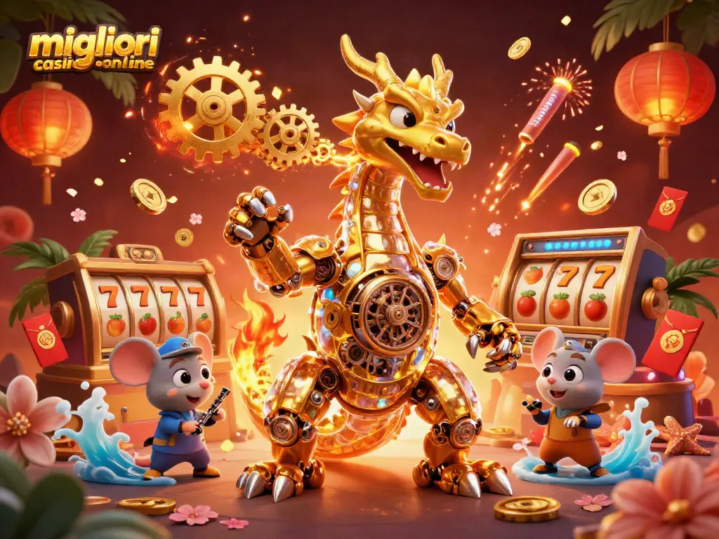 Scopri le migliori casino online nell'illustrazione accattivante con un drago e simboli di gioco.