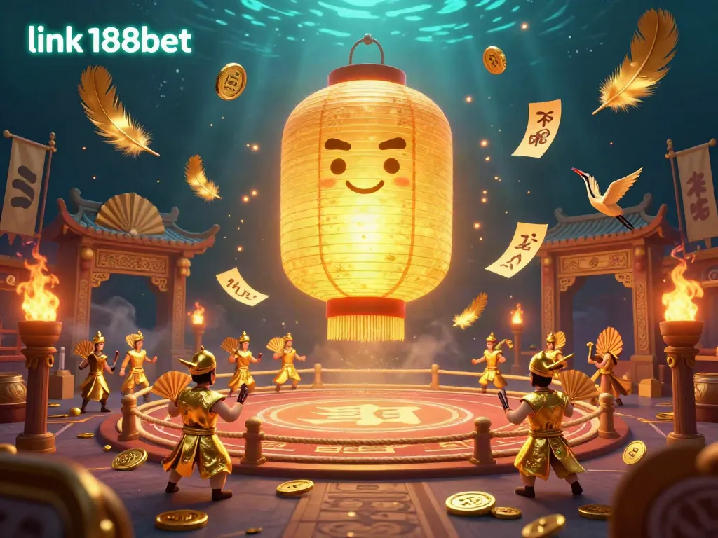 Experience thrilling gameplay at link 188bet with vibrant 3D visuals featuring golden lantern spirits and warriors.