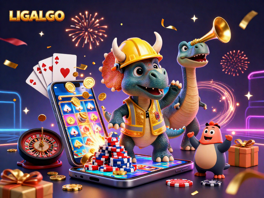 LIGALGO features an engaging scene with a triceratops celebrating wins in a dynamic casino atmosphere.