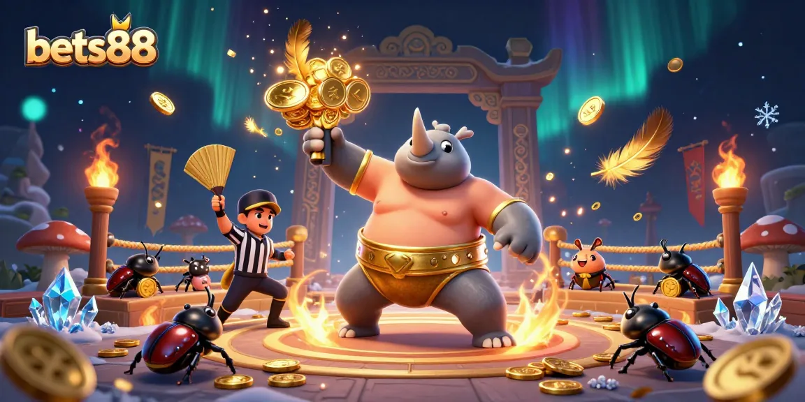 Experience thrilling action at bets88 with a dynamic scene featuring a rhinoceros beetle sumo champion among cheering spectators.