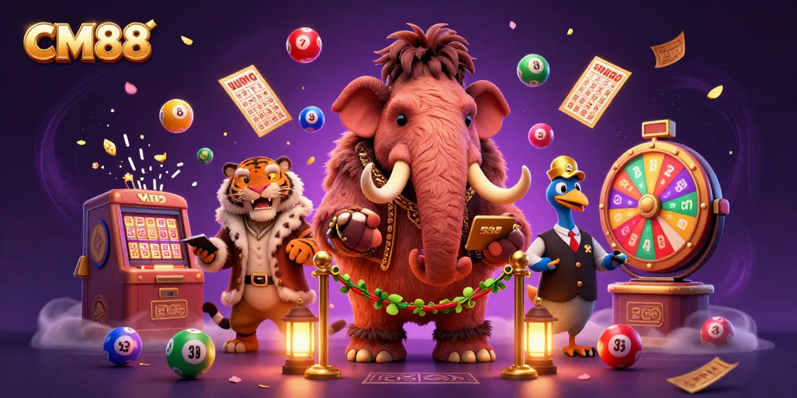 Experience the excitement of CM88 with vibrant lottery elements and a dynamic casino atmosphere in this colorful scene.