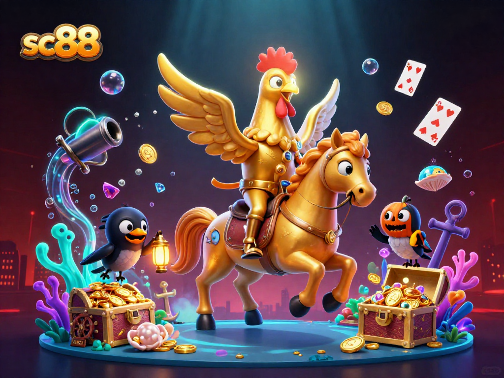 Engage with sc88’s vibrant casino scene featuring a golden rooster in a dynamic 3D illustration.