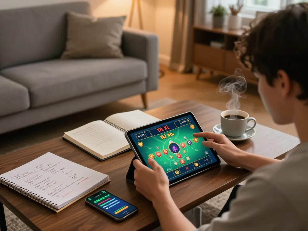 Player engaged in online Tài Xỉu gameplay on tablet, showcasing taixiuonline8 in a cozy home setting