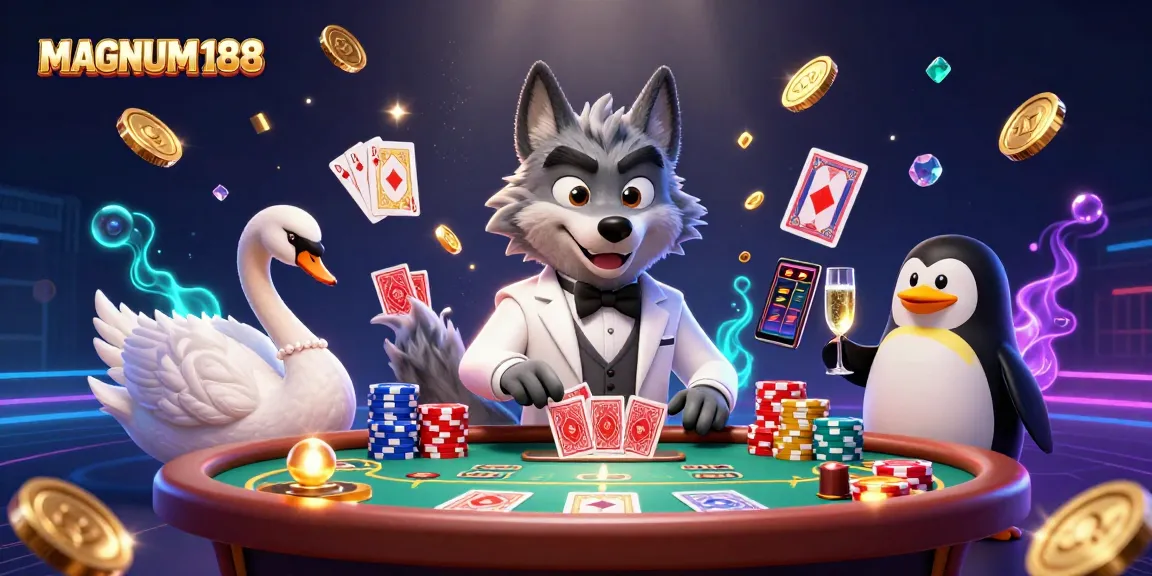 Join the fun at MAGNUM188 with lively casino characters celebrating wins at the baccarat table.