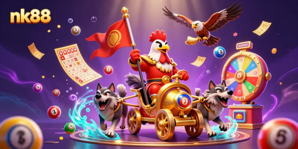 Participate in the thrilling nk88 lottery with colorful numbered balls amidst a golden war chariot scene.