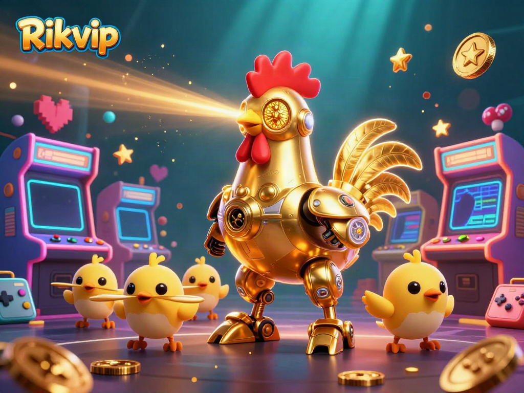 Engage in thrilling games at Rikvip with retro-futuristic characters and vibrant arcade elements.